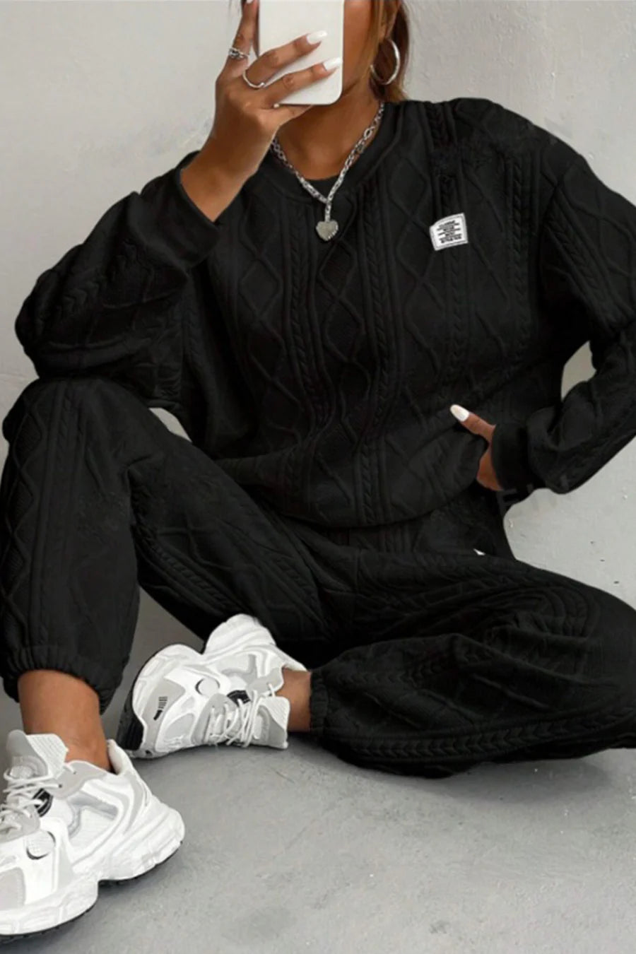 Cable Knit Crew Neck Outfit Sets