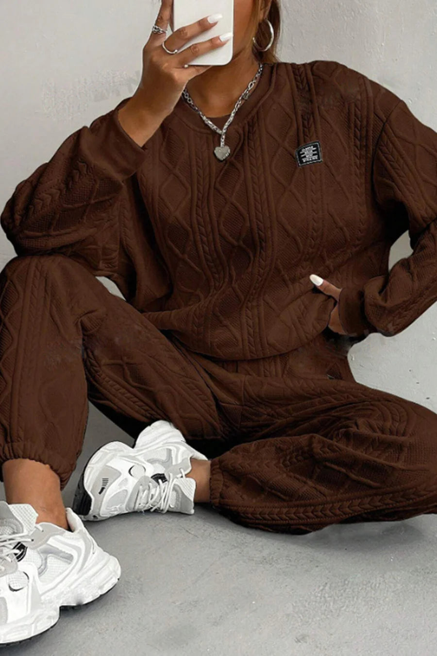 Cable Knit Crew Neck Outfit Sets