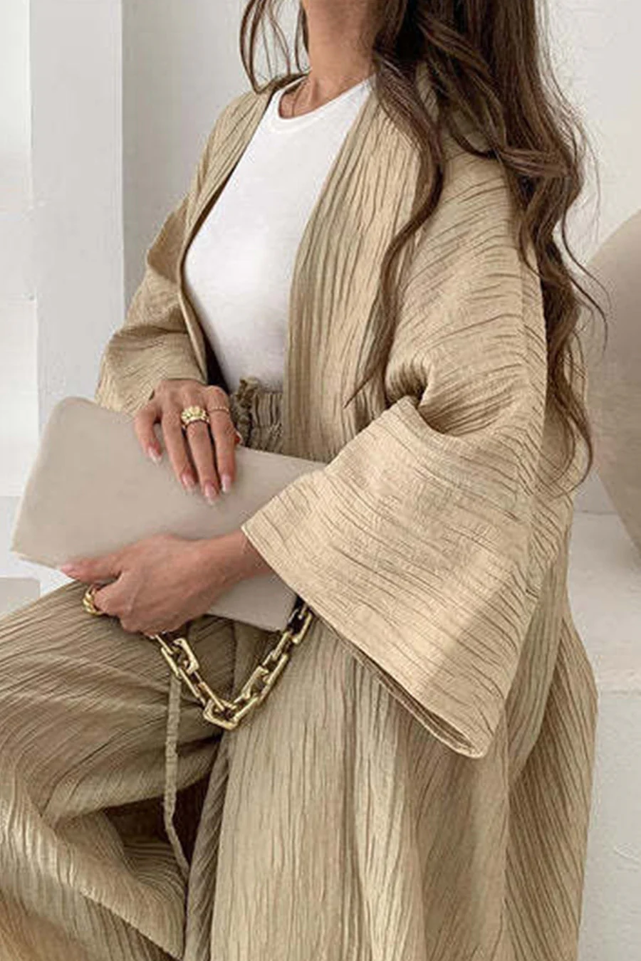 Wrinkled Texture Open Front Cardigan Suits