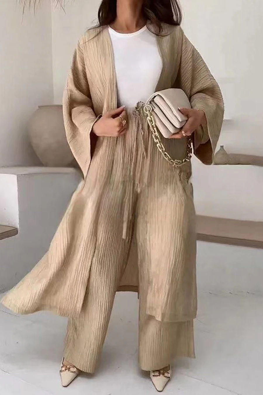 Wrinkled Texture Open Front Cardigan Suits