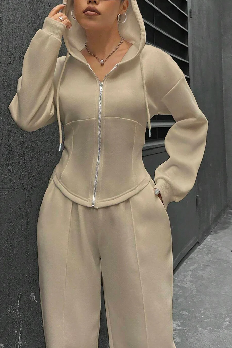 Solid Slim Fit Hoodie Pants Suits