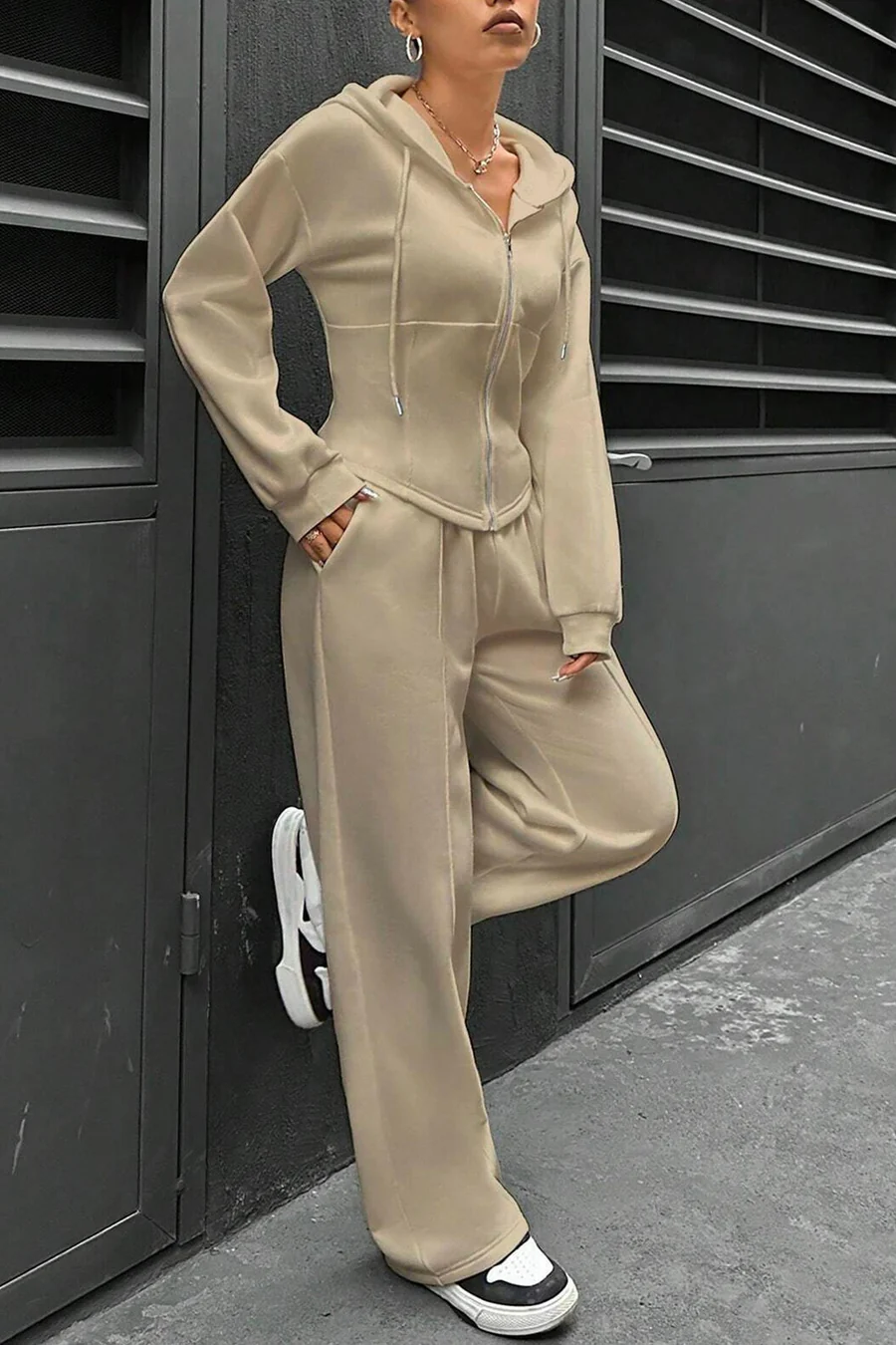 Solid Slim Fit Hoodie Pants Suits