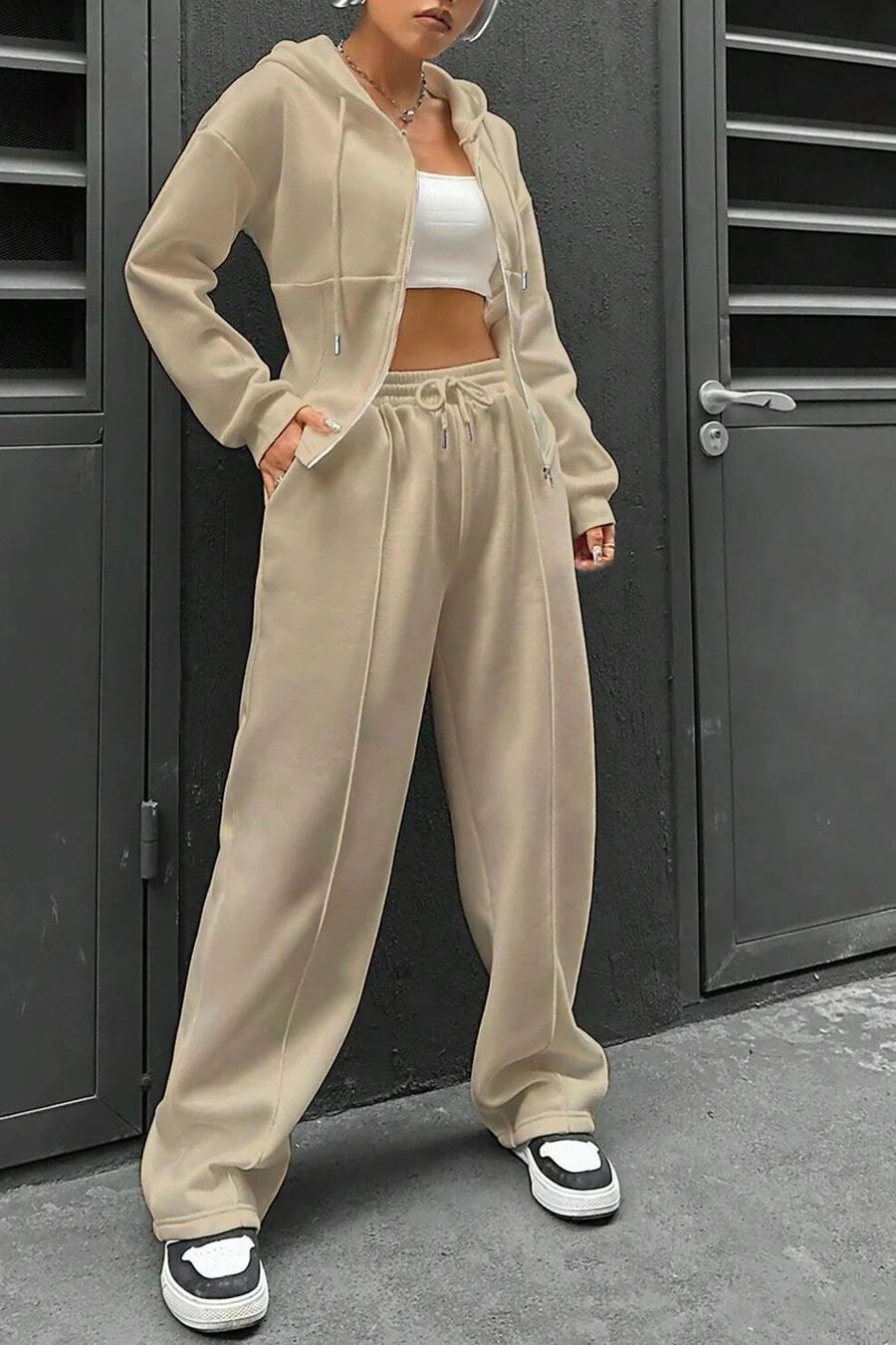 Solid Slim Fit Hoodie Pants Suits