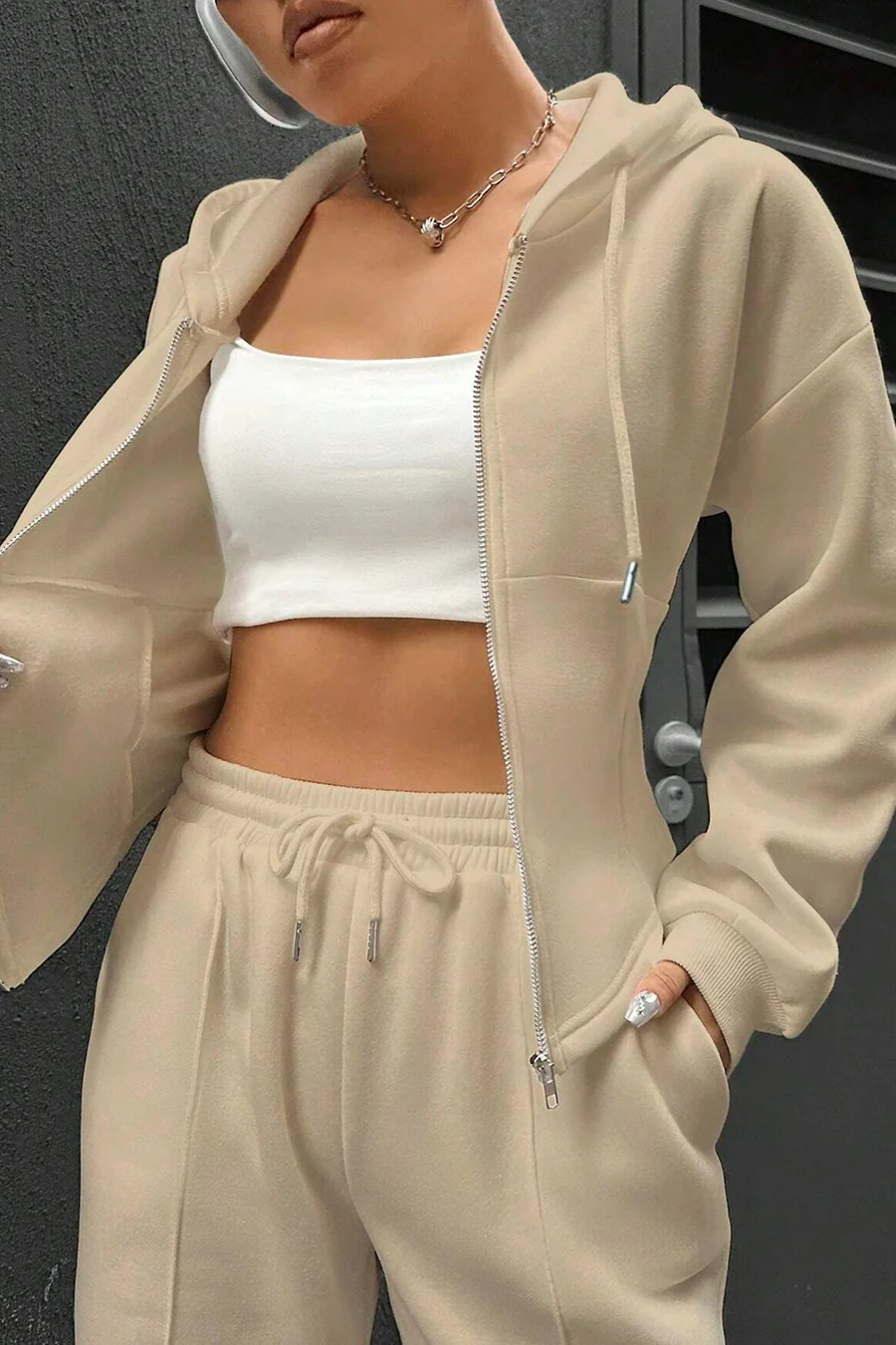 Solid Slim Fit Hoodie Pants Suits