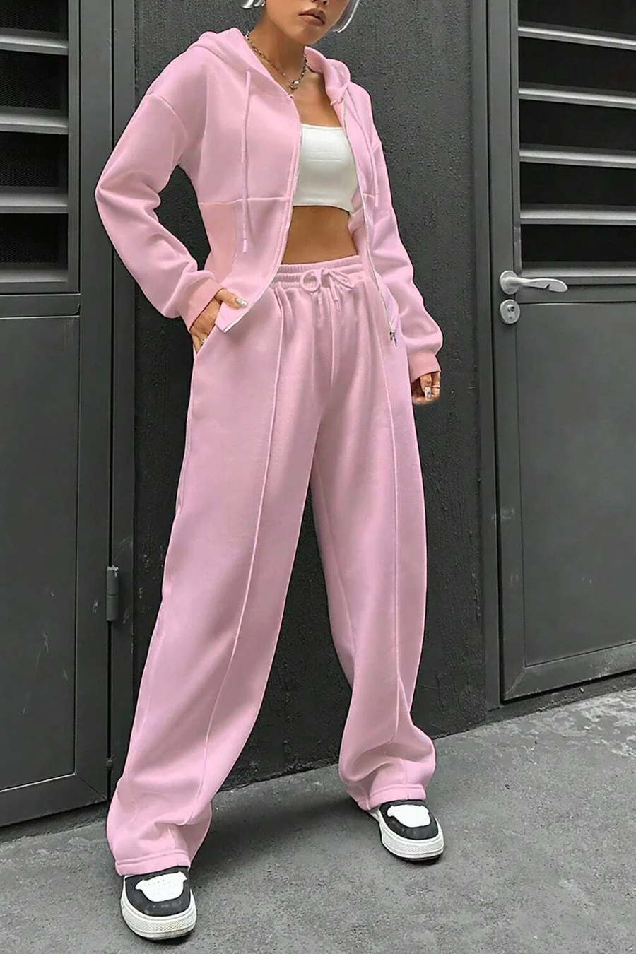 Solid Slim Fit Hoodie Pants Suits