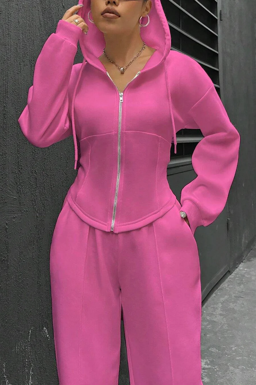 Solid Slim Fit Hoodie Pants Suits