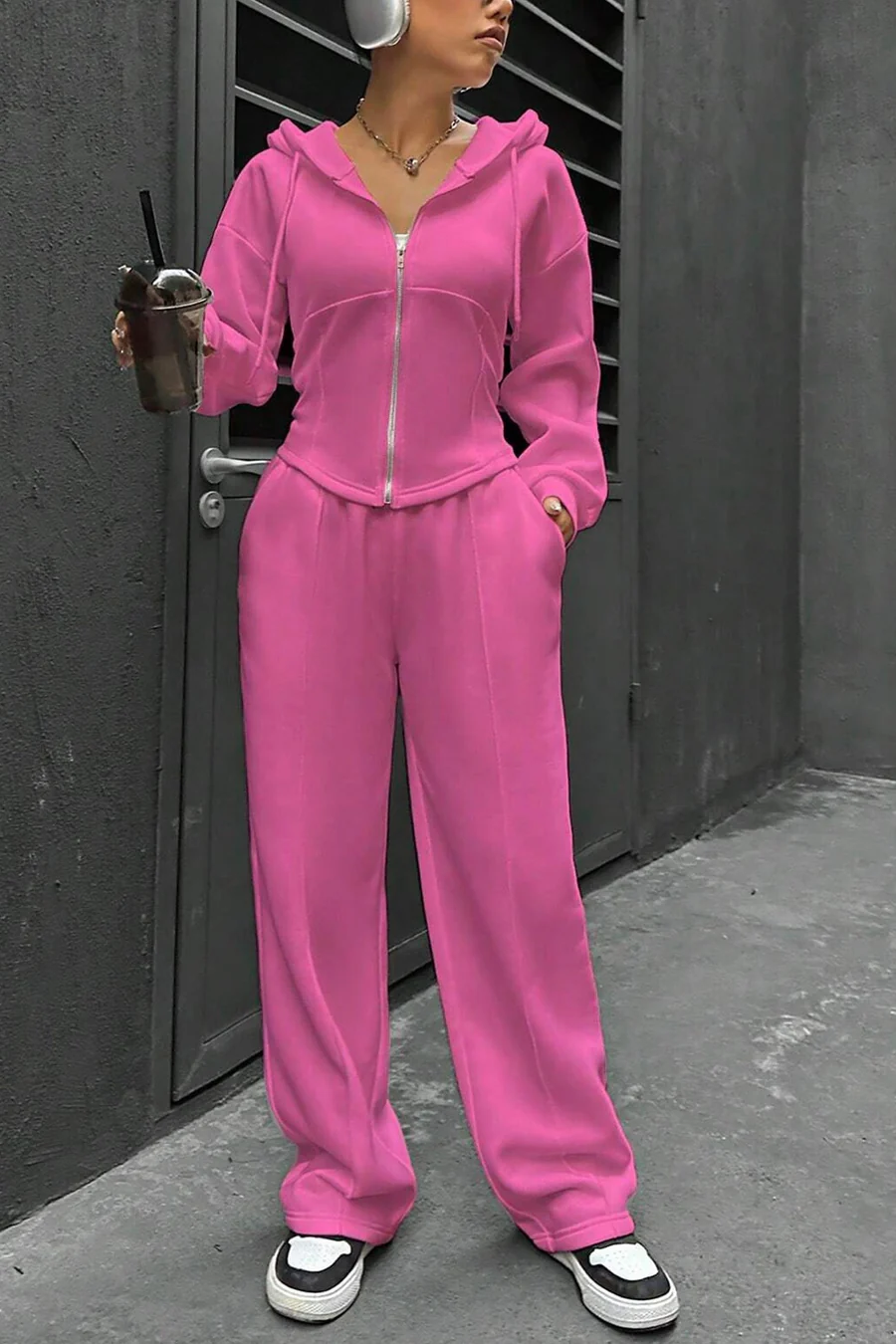 Solid Slim Fit Hoodie Pants Suits