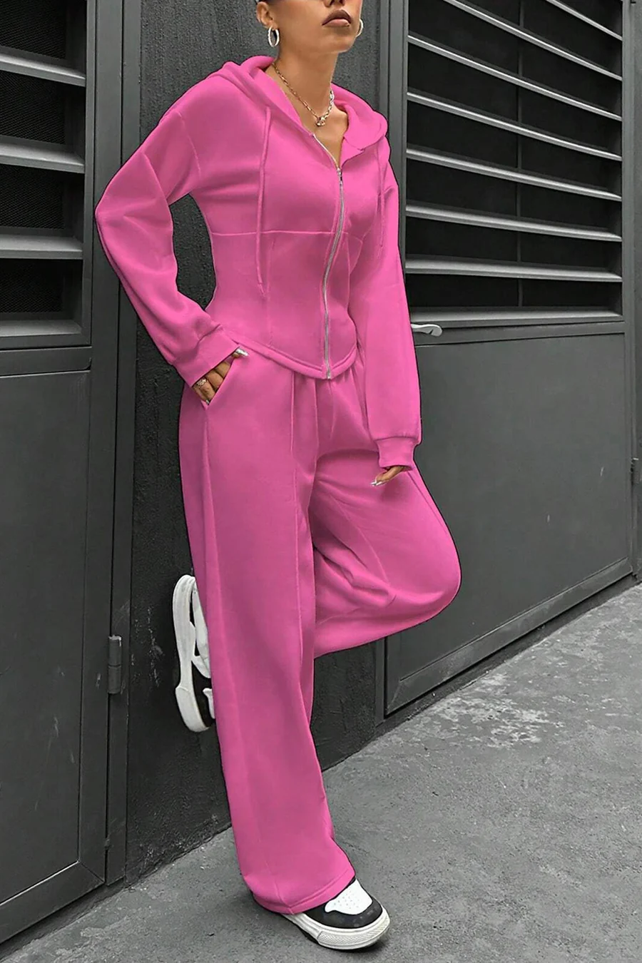 Solid Slim Fit Hoodie Pants Suits