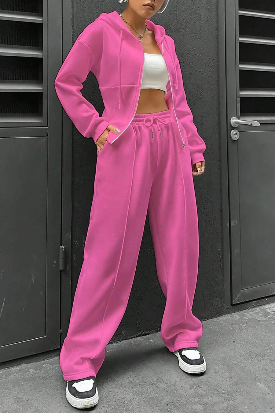 Solid Slim Fit Hoodie Pants Suits