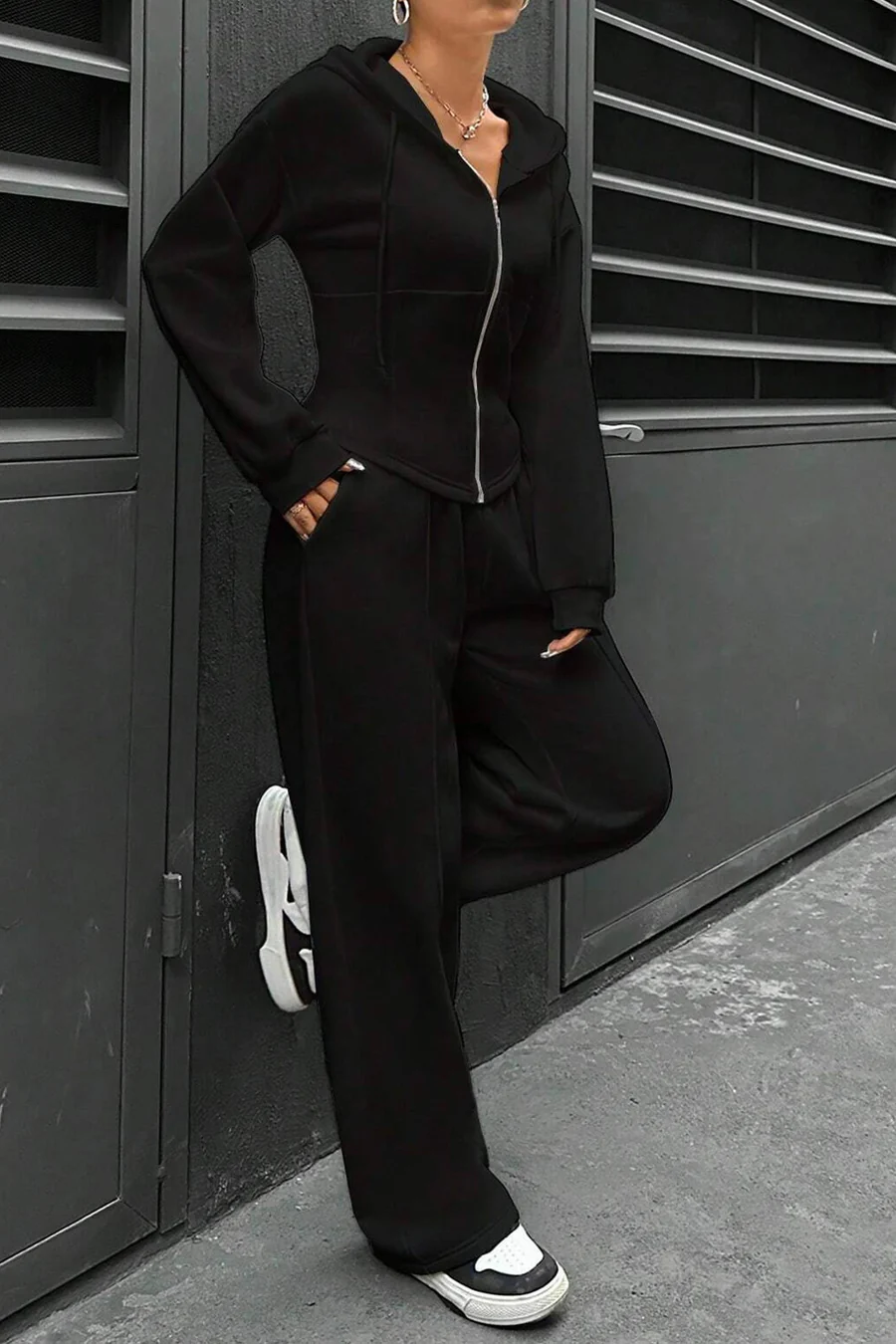 Solid Slim Fit Hoodie Pants Suits