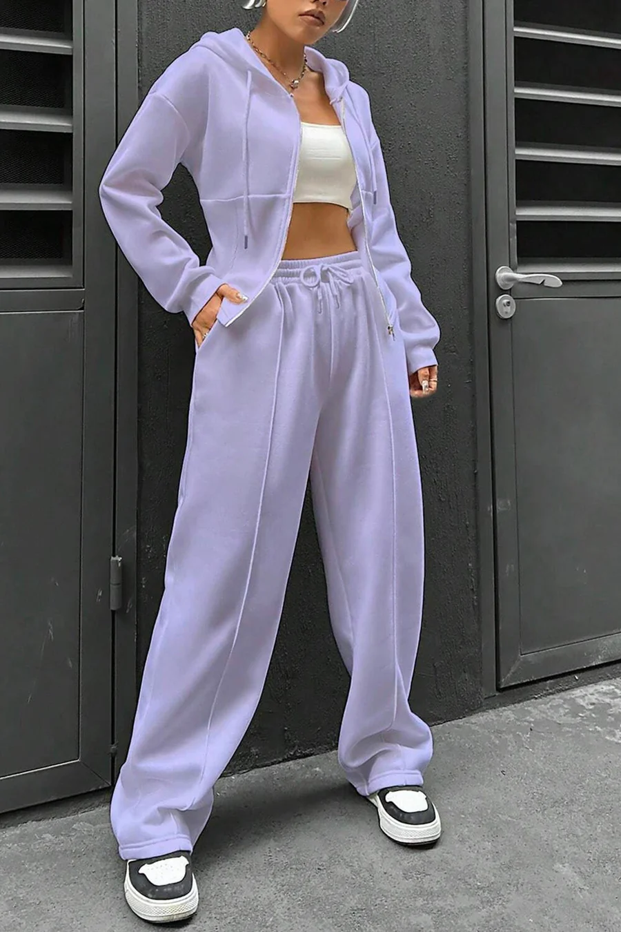 Solid Slim Fit Hoodie Pants Suits