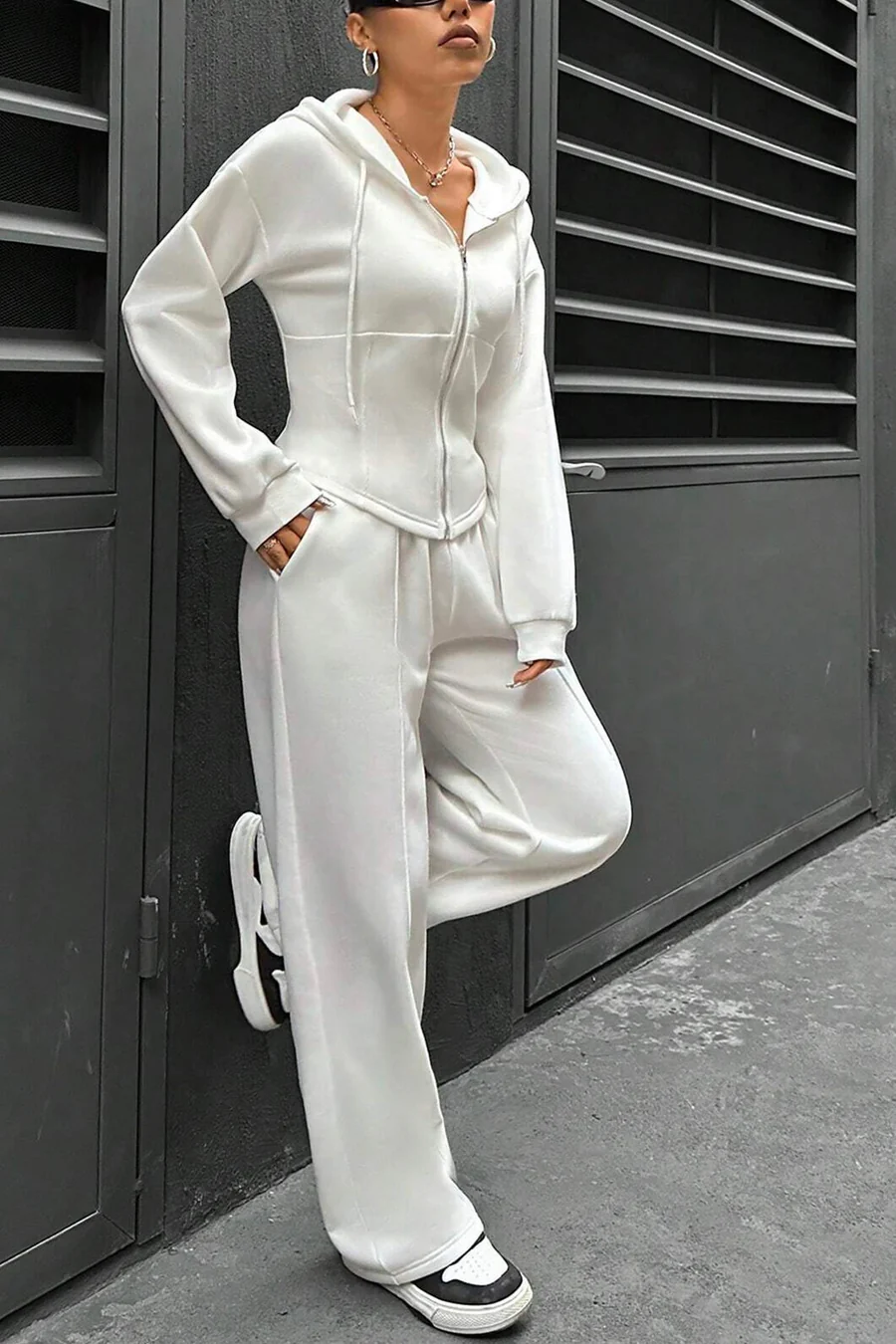 Solid Slim Fit Hoodie Pants Suits