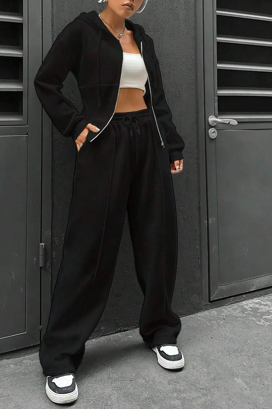 Solid Slim Fit Hoodie Pants Suits