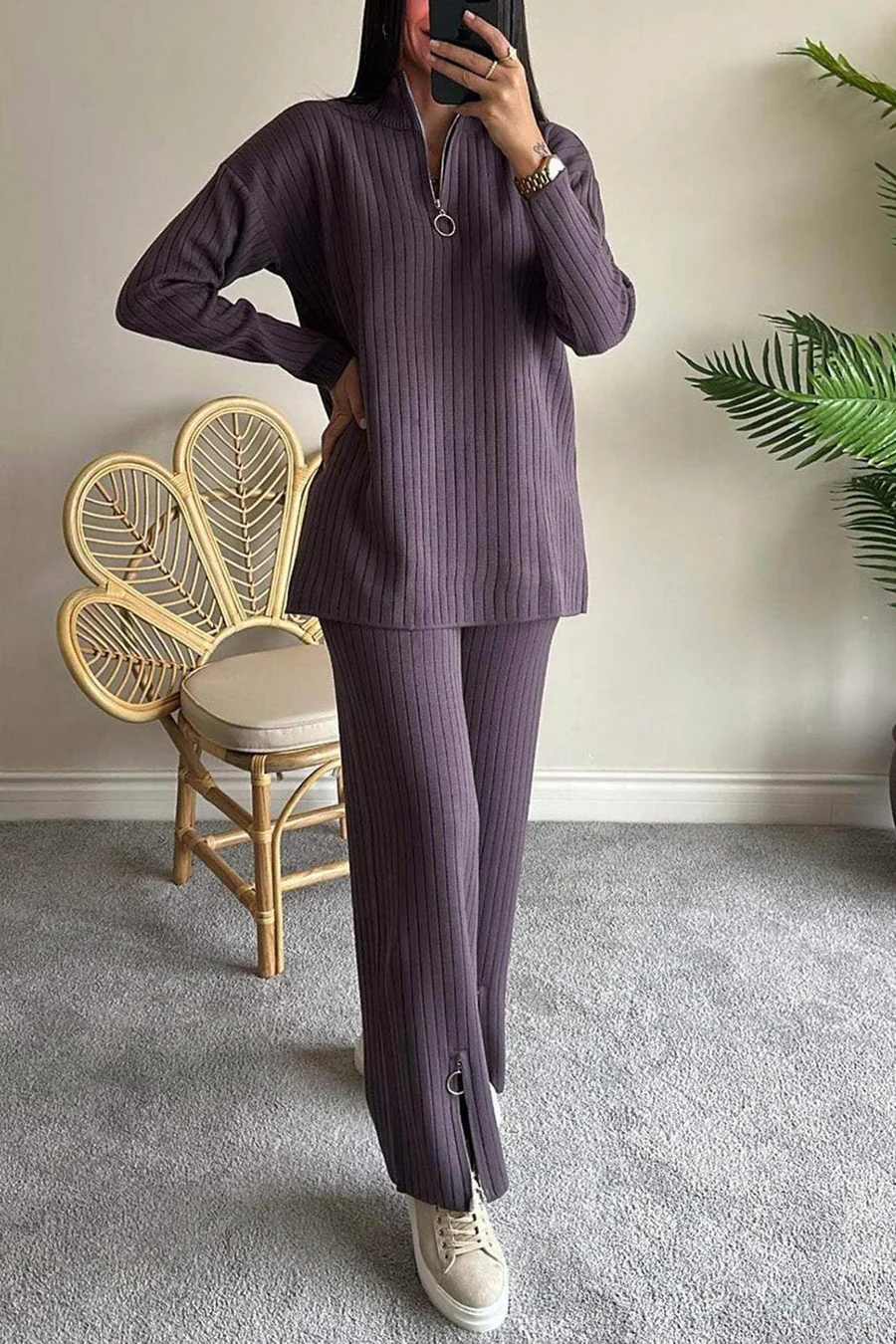 Kairoe Slit Ribbed Knit Two-piece Outfit Sets