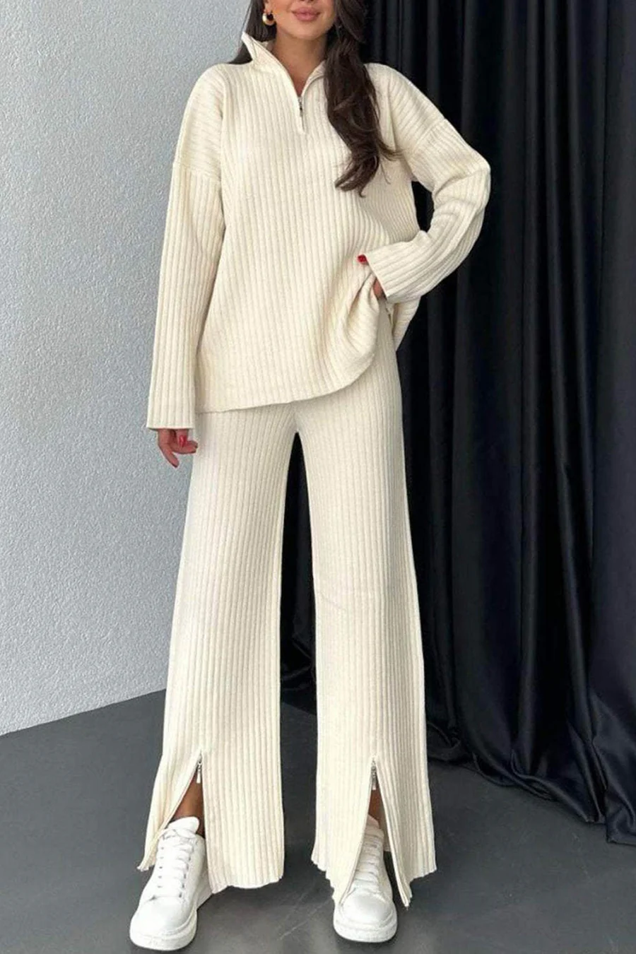 Kairoe Slit Ribbed Knit Two-piece Outfit Sets