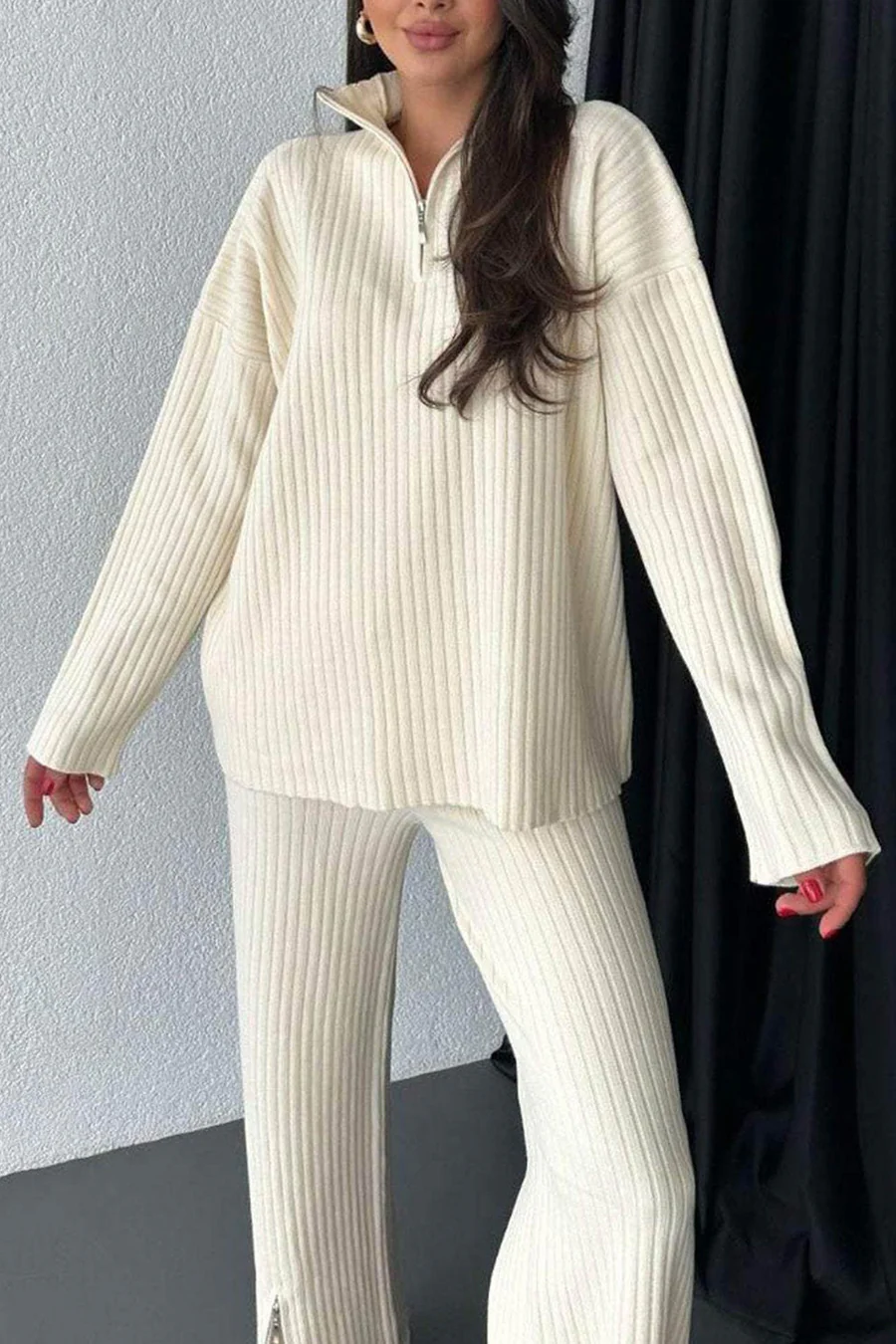 Kairoe Slit Ribbed Knit Two-piece Outfit Sets