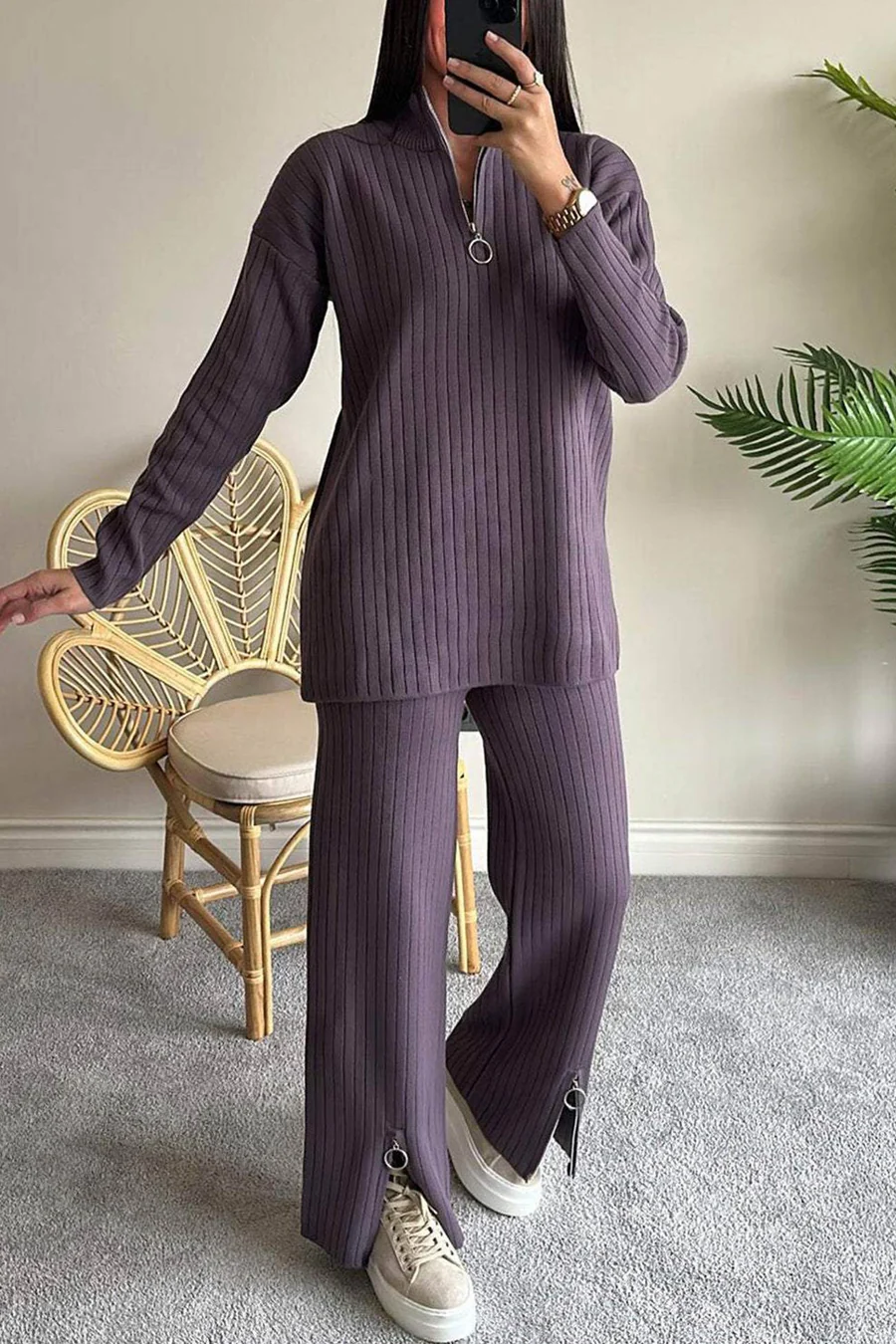 Kairoe Slit Ribbed Knit Two-piece Outfit Sets