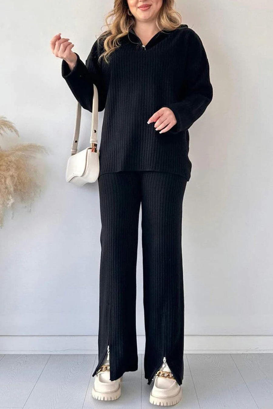 Kairoe Slit Ribbed Knit Two-piece Outfit Sets