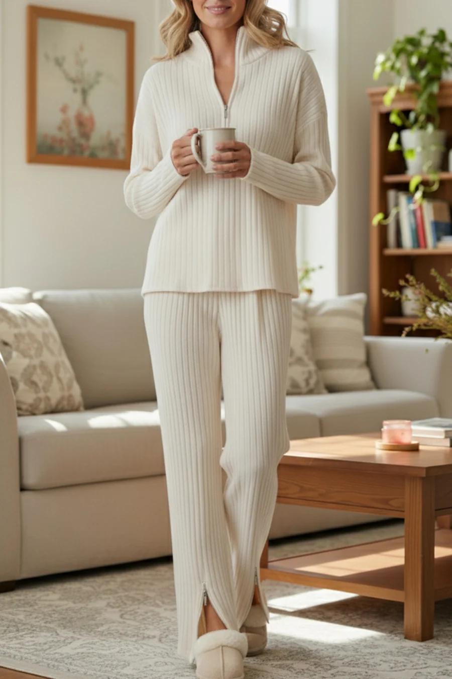 Kairoe Slit Ribbed Knit Two-piece Outfit Sets