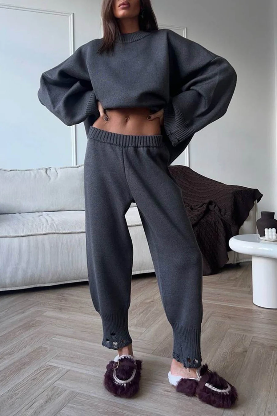 Raw Edge Crew Neck Sweater Sets