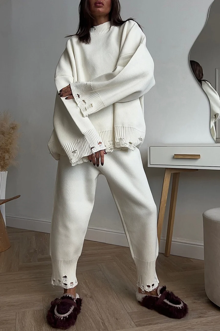 Raw Edge Crew Neck Sweater Sets