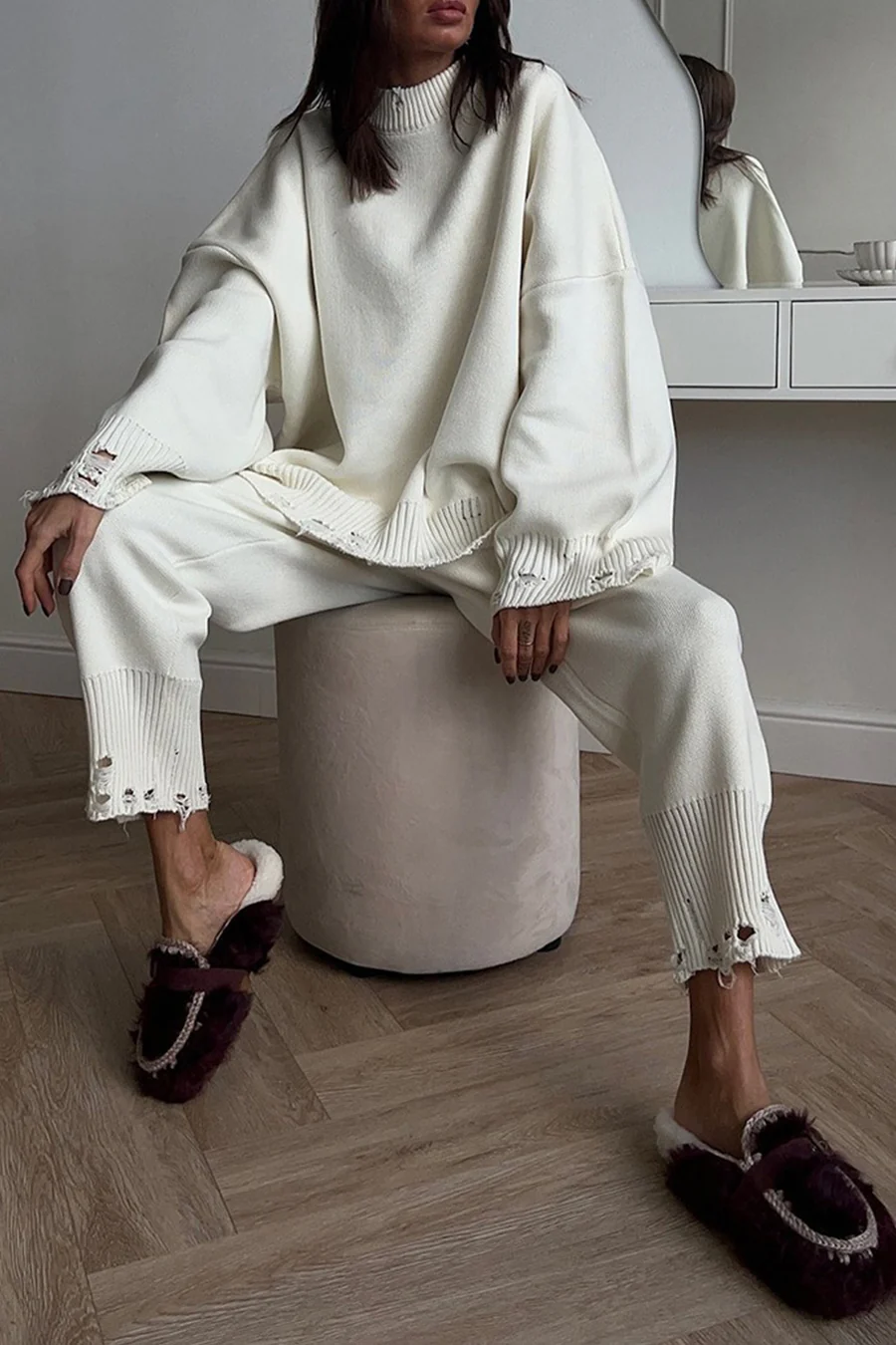 Raw Edge Crew Neck Sweater Sets