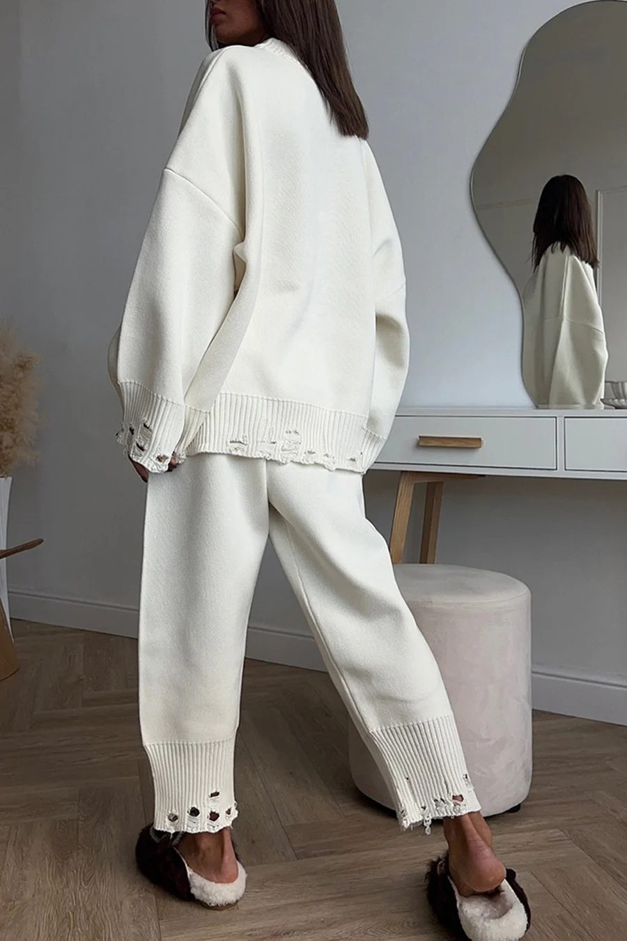 Raw Edge Crew Neck Sweater Sets