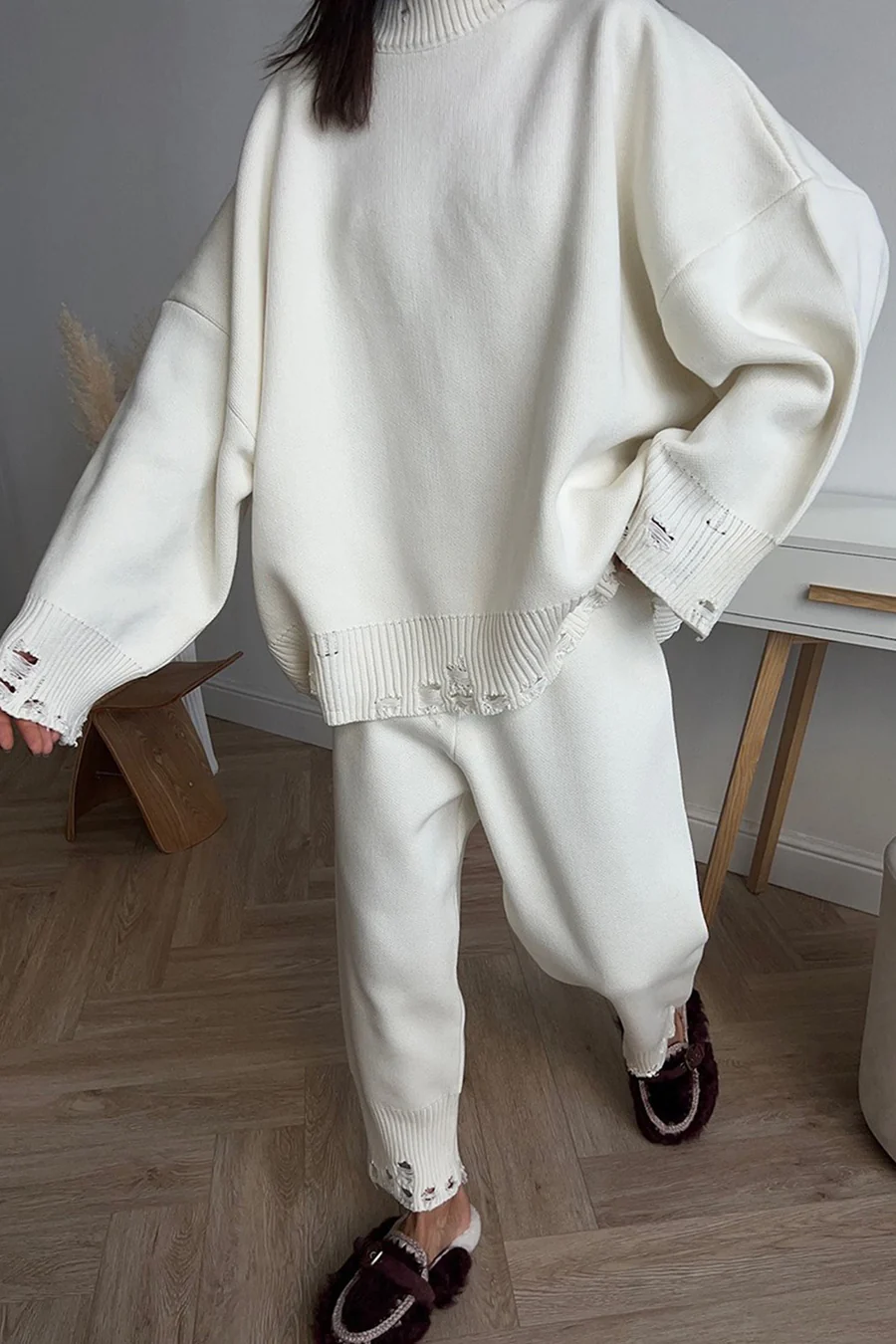 Raw Edge Crew Neck Sweater Sets