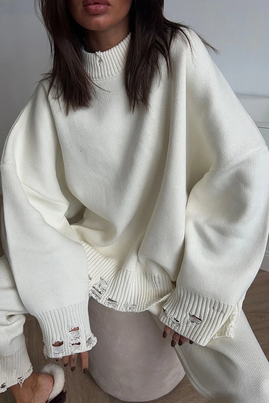 Raw Edge Crew Neck Sweater Sets