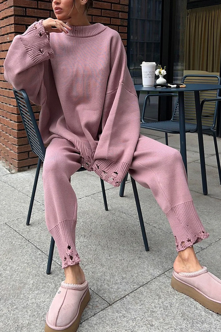 Raw Edge Crew Neck Sweater Sets