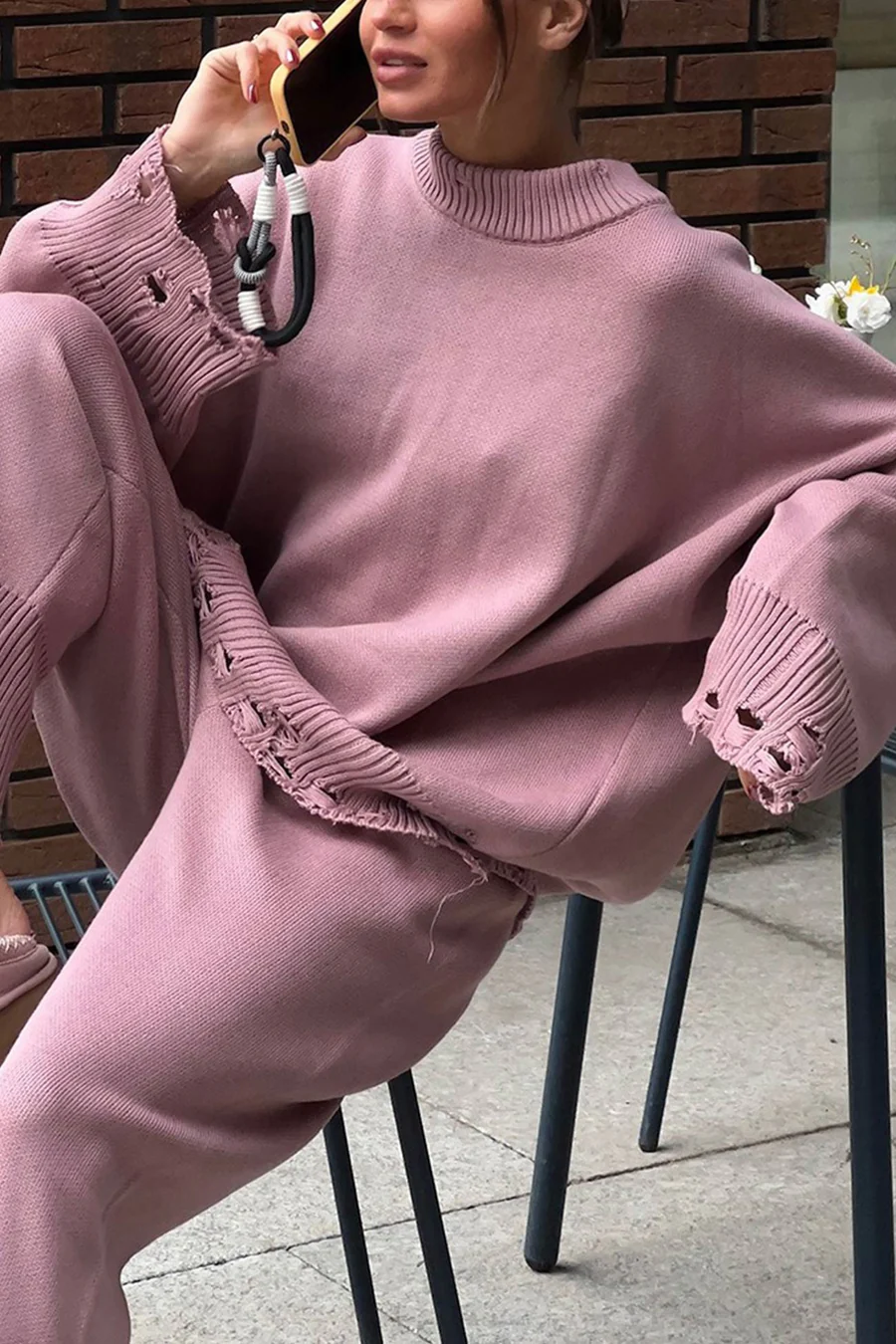 Raw Edge Crew Neck Sweater Sets