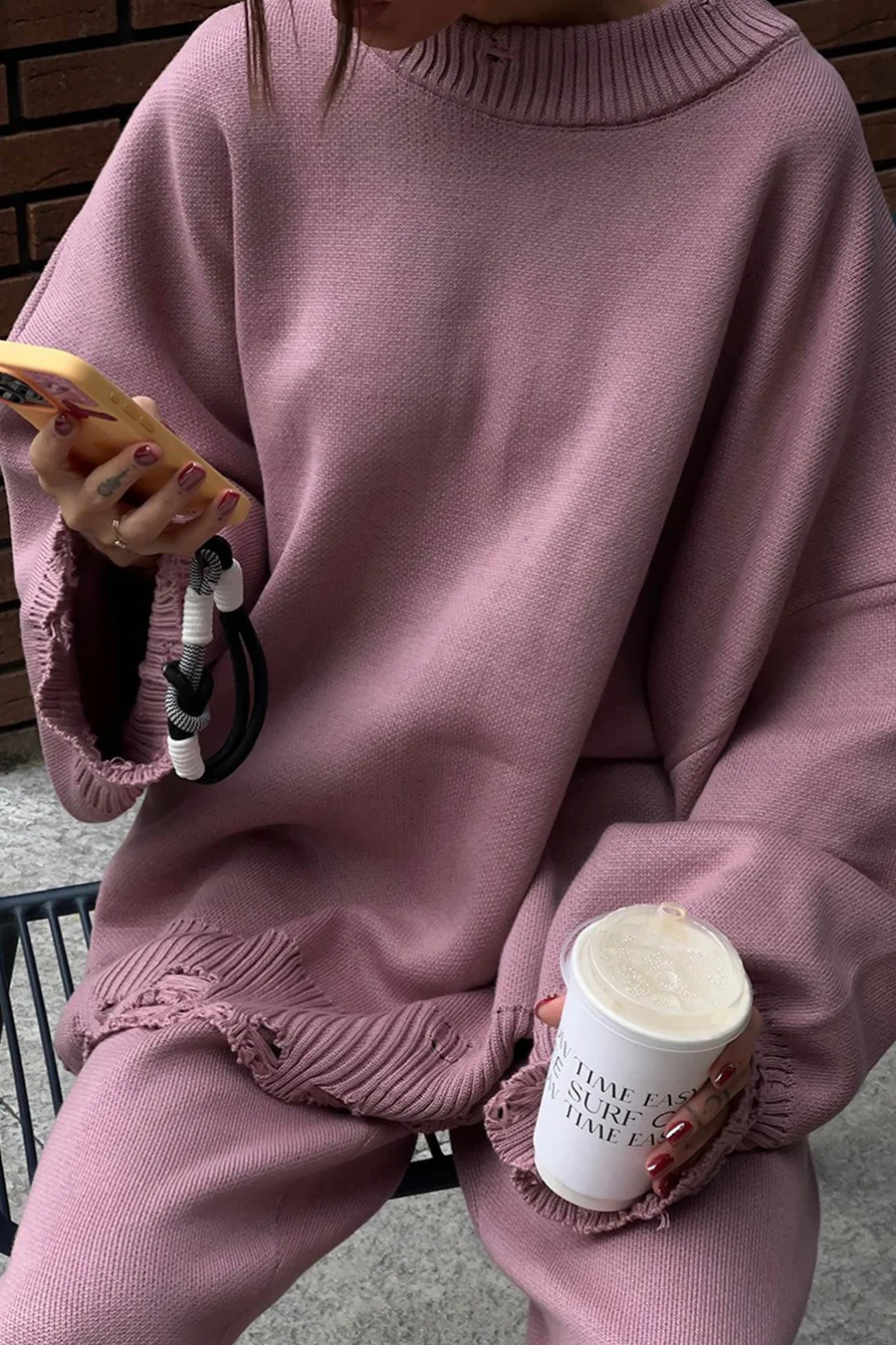 Raw Edge Crew Neck Sweater Sets