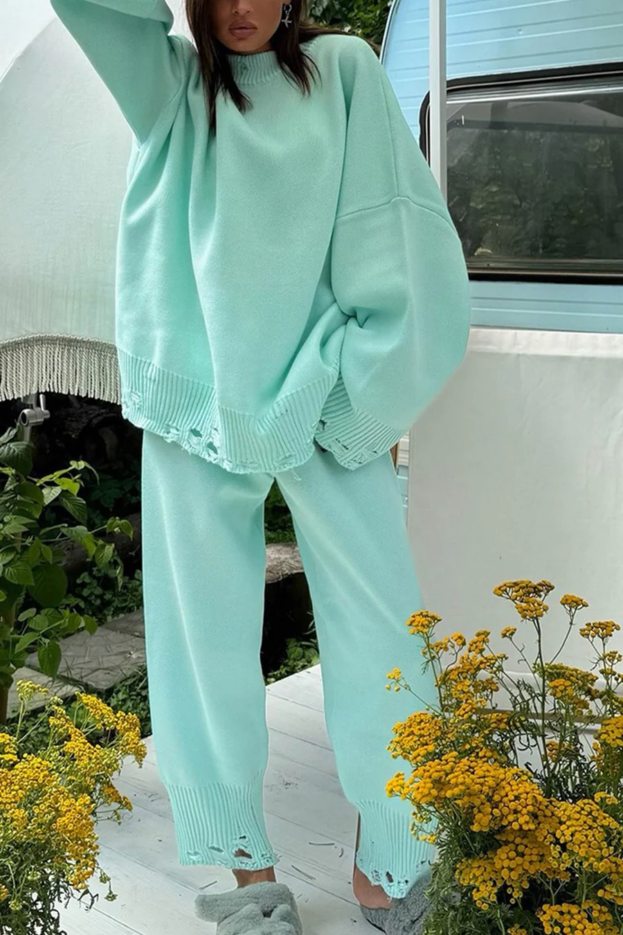 Raw Edge Crew Neck Sweater Sets