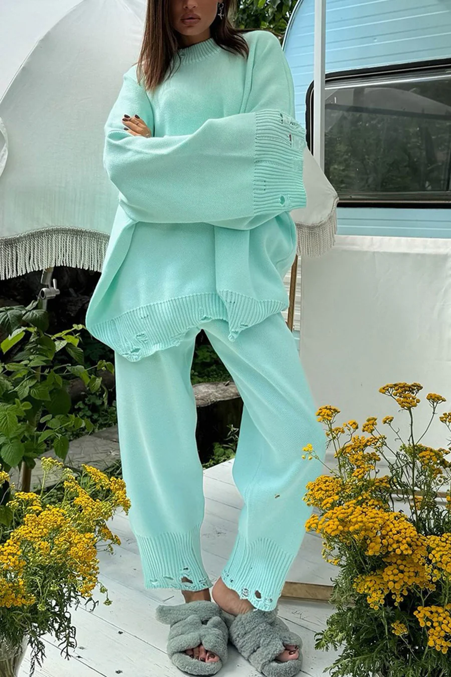 Raw Edge Crew Neck Sweater Sets