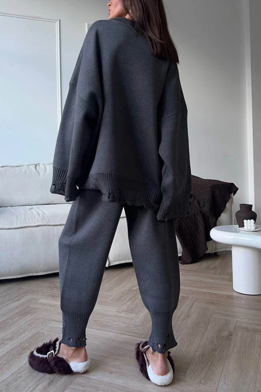 Raw Edge Crew Neck Sweater Sets