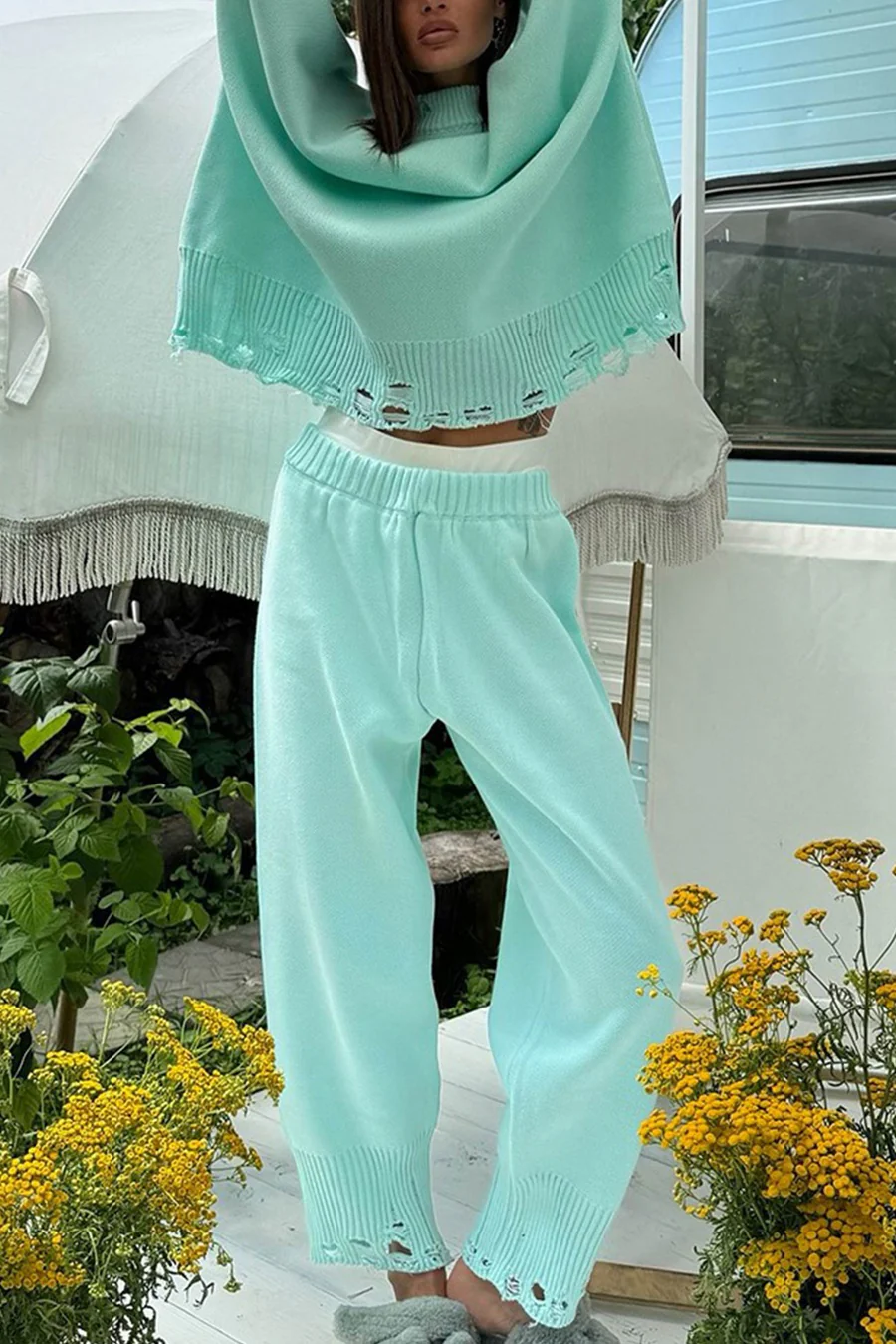 Raw Edge Crew Neck Sweater Sets