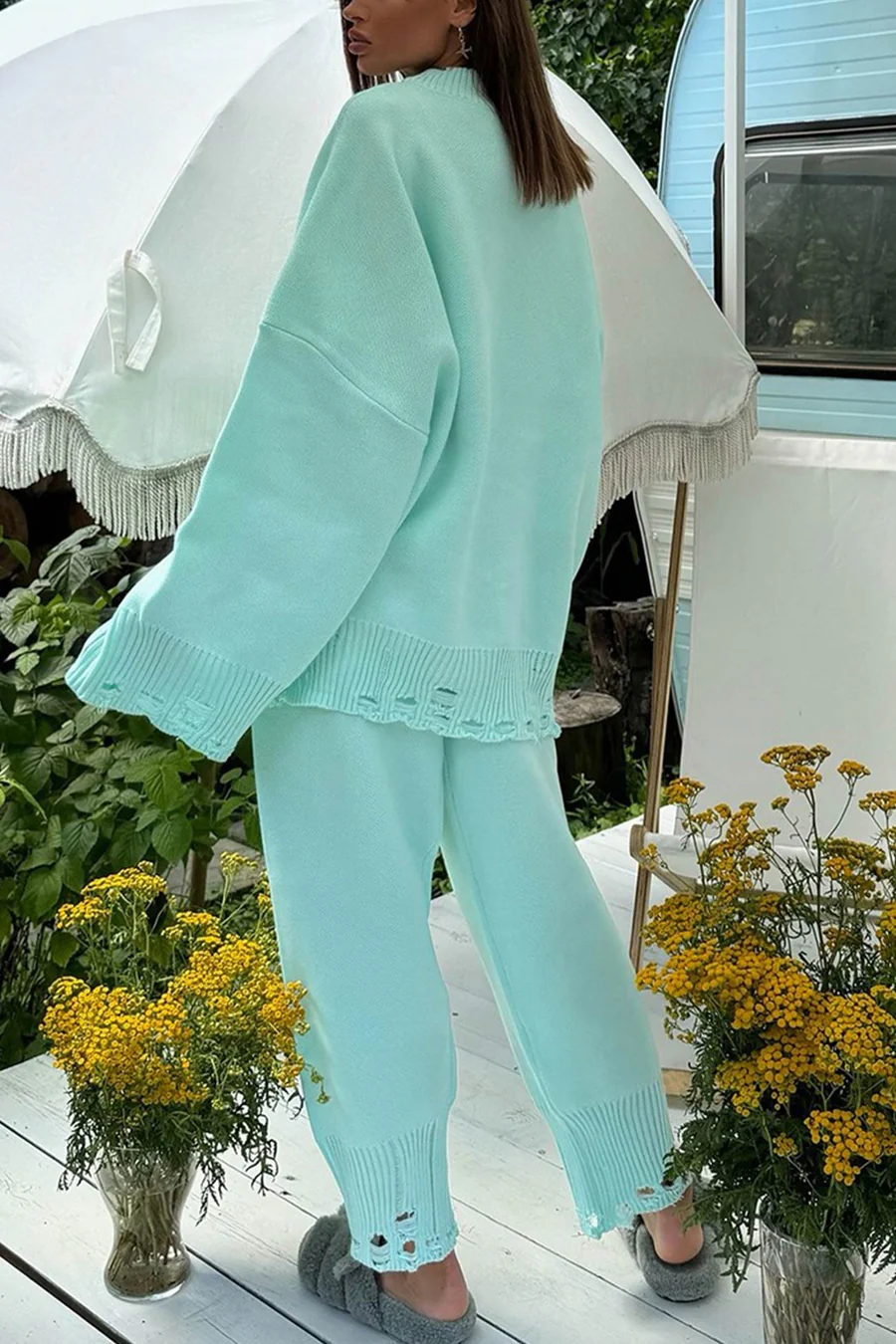 Raw Edge Crew Neck Sweater Sets