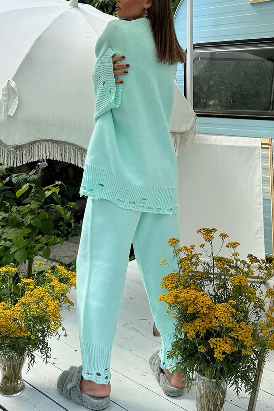 Raw Edge Crew Neck Sweater Sets