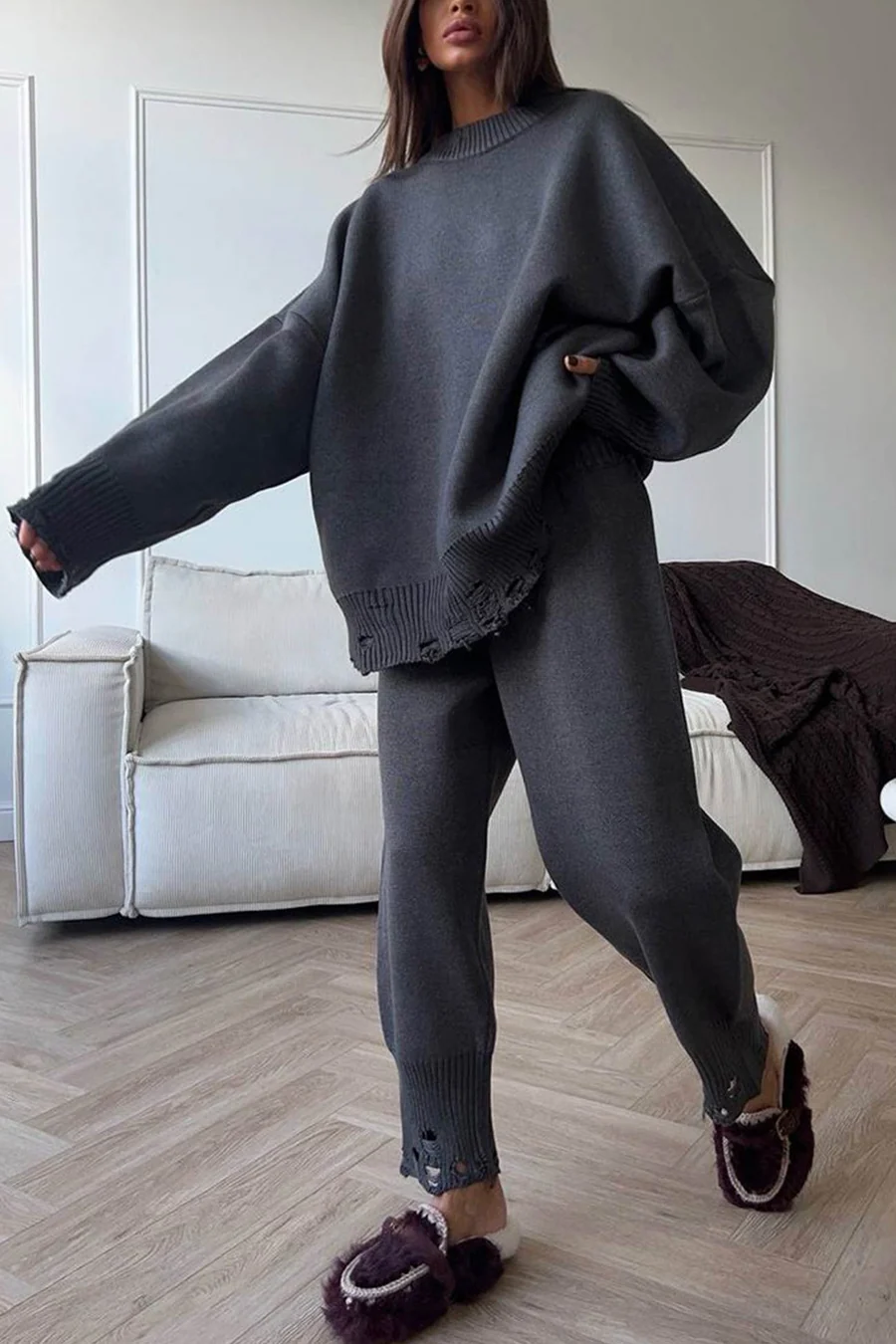 Raw Edge Crew Neck Sweater Sets