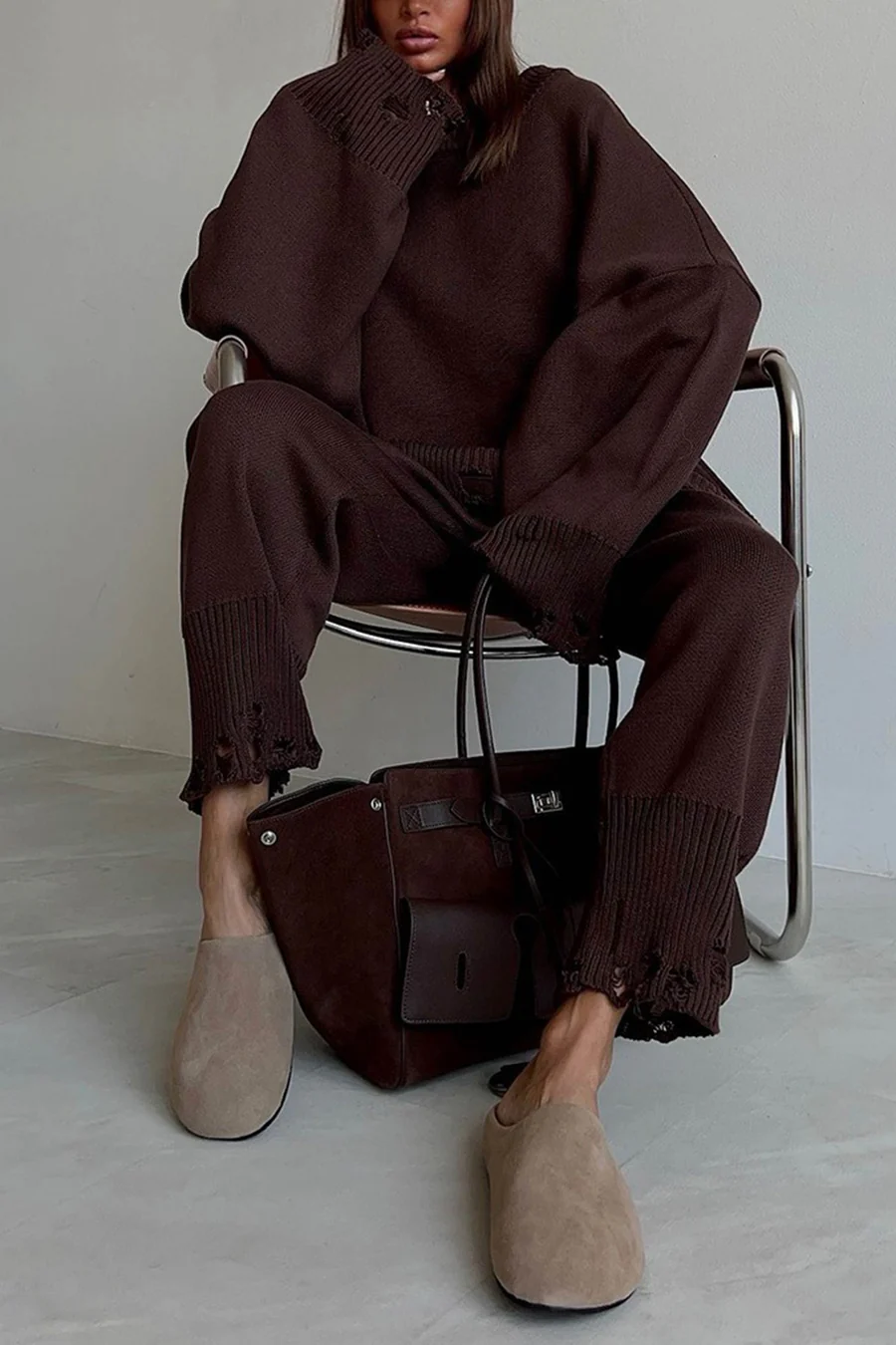 Raw Edge Crew Neck Sweater Sets