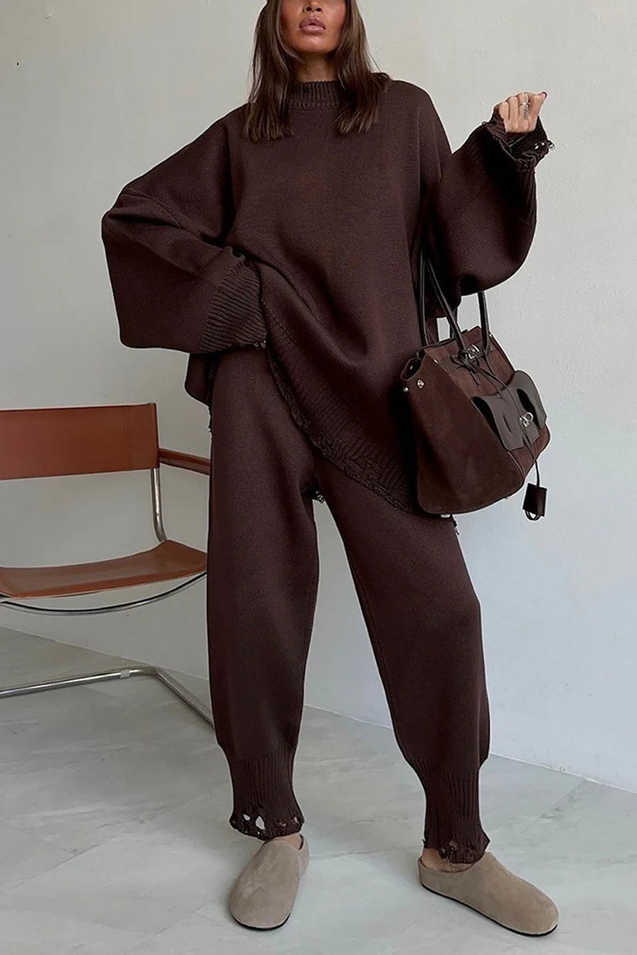 Raw Edge Crew Neck Sweater Sets