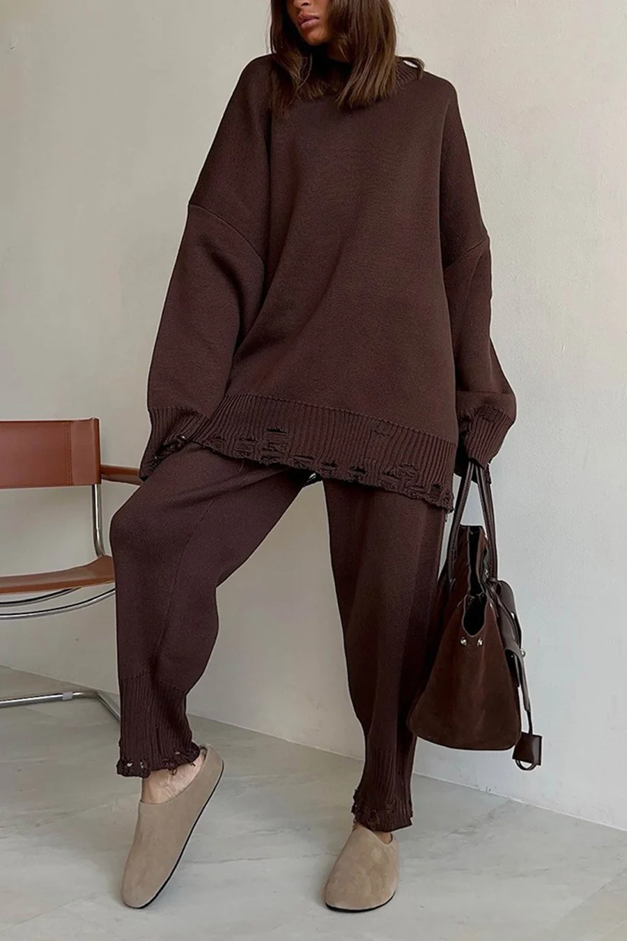 Raw Edge Crew Neck Sweater Sets