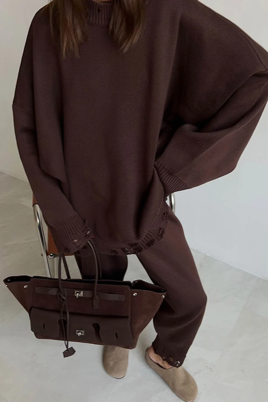 Raw Edge Crew Neck Sweater Sets