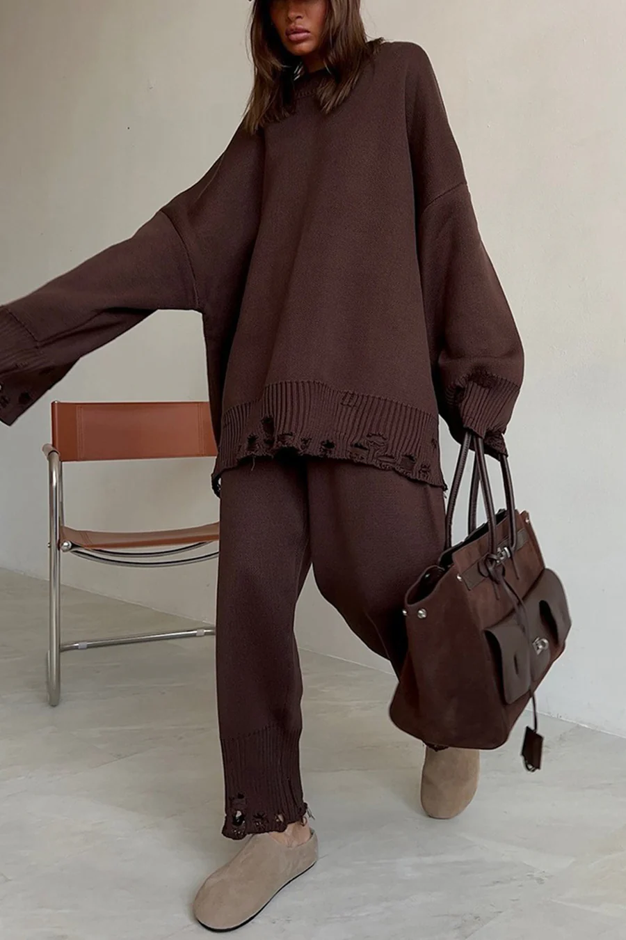 Raw Edge Crew Neck Sweater Sets