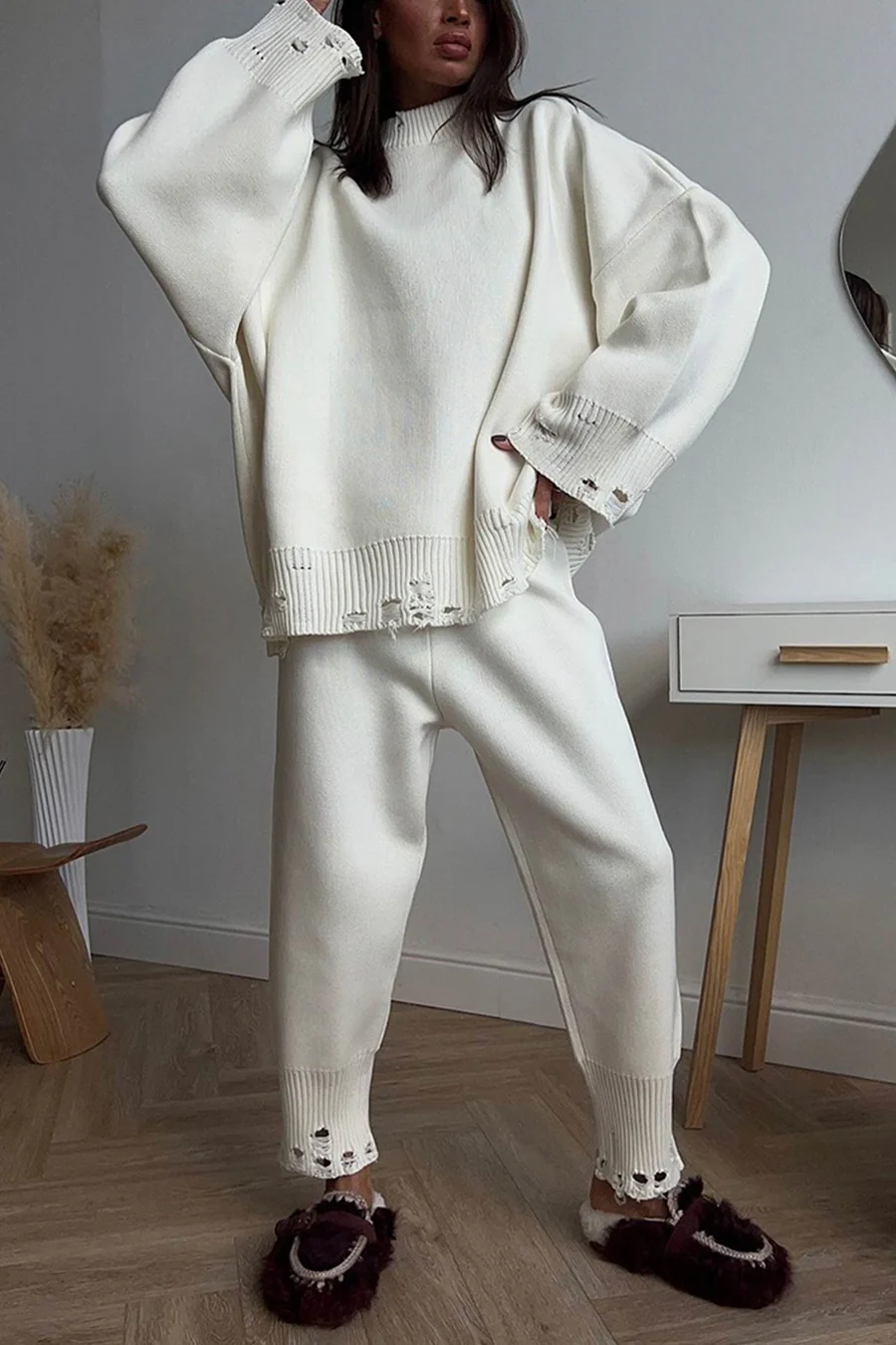 Raw Edge Crew Neck Sweater Sets