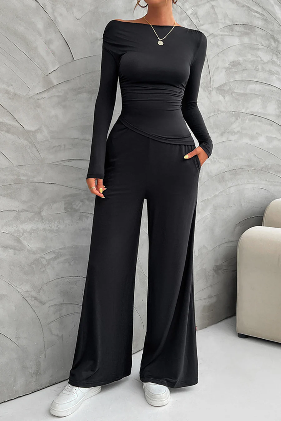 Drop Shoulder Tops Wide Leg Pants Sets