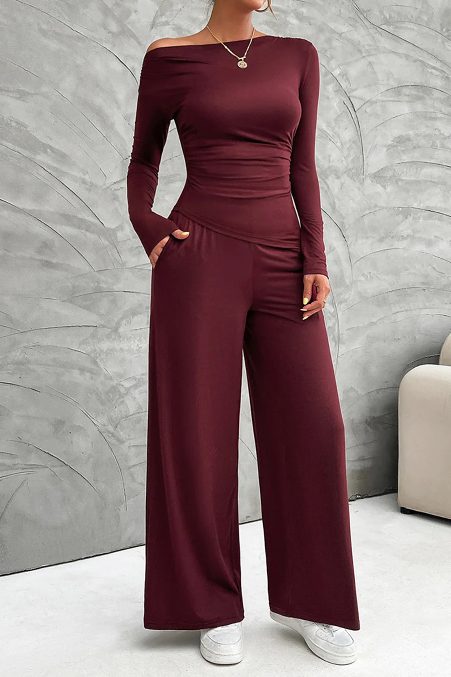 Drop Shoulder Tops Wide Leg Pants Sets