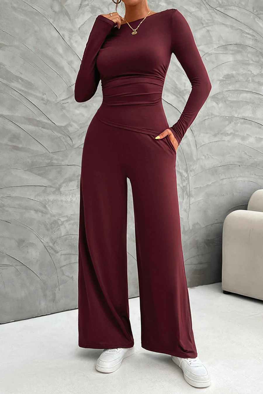 Drop Shoulder Tops Wide Leg Pants Sets