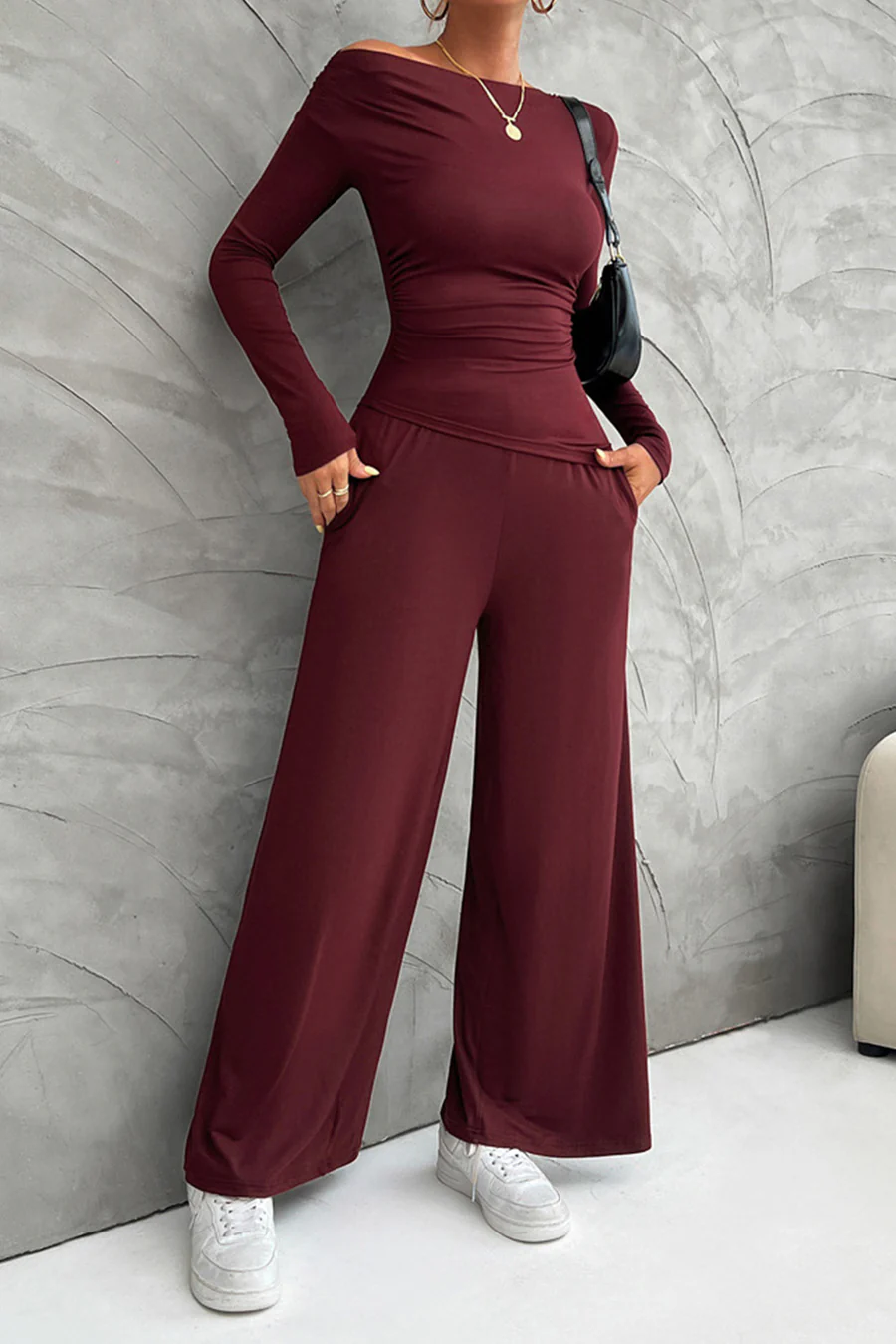 Drop Shoulder Tops Wide Leg Pants Sets