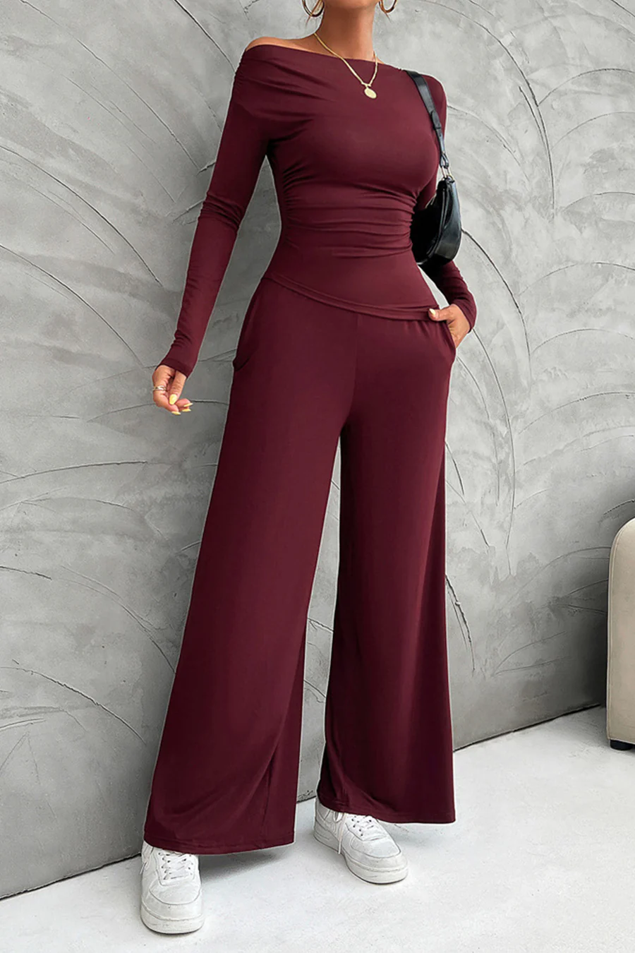 Drop Shoulder Tops Wide Leg Pants Sets